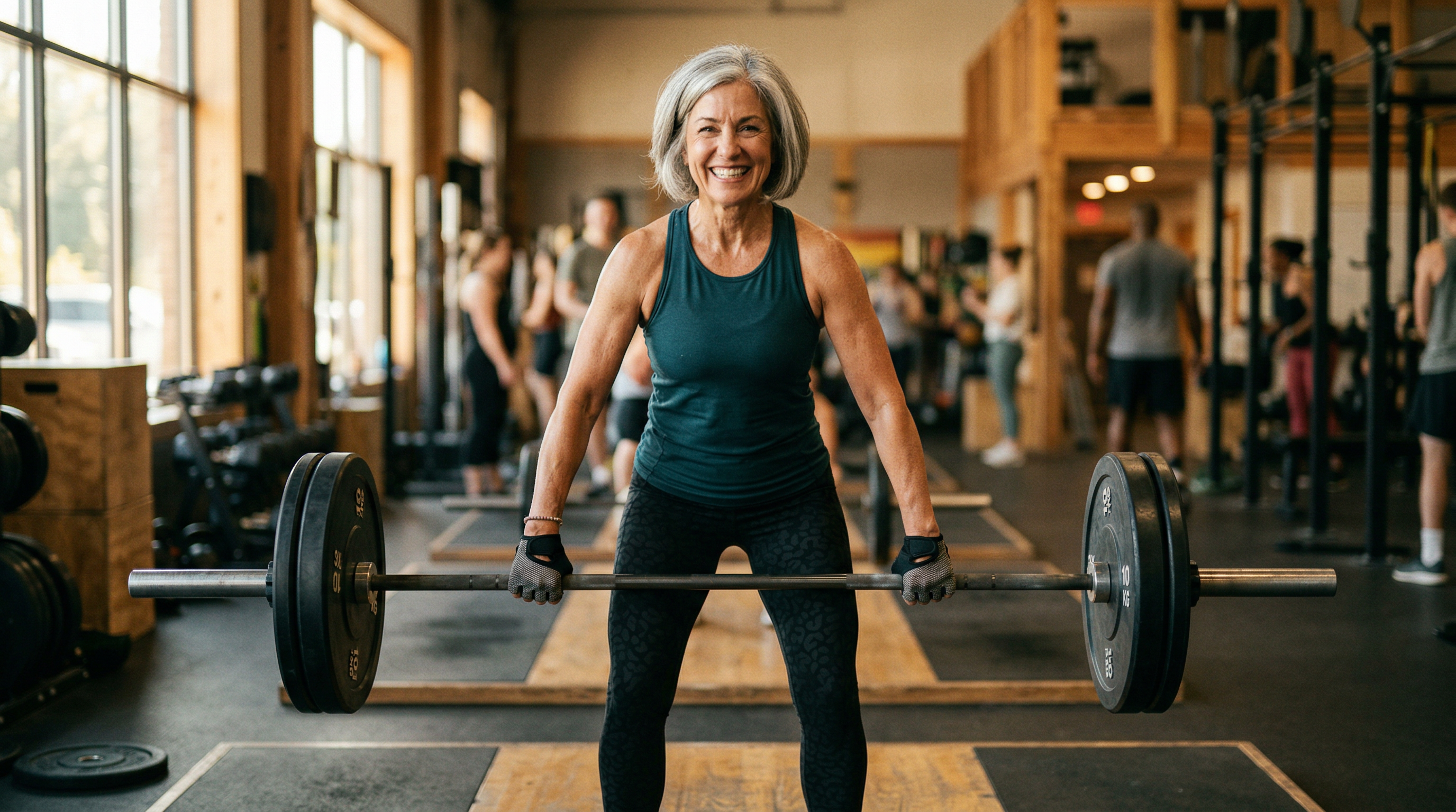 Woman in her 50s confidently lifting a barbell, representing strength, longevity, and independence