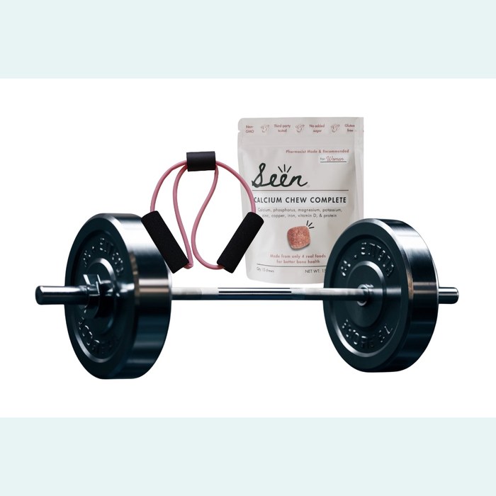 Strong Foundations package — barbell, resistance band, and Seen Nutrition calcium chews