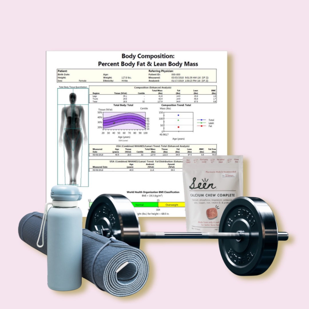 Raffle prizes including DEXA body composition report, Seen Nutrition calcium chews, dumbbell, yoga mat and water bottle