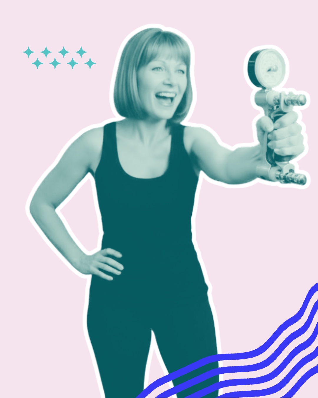 Woman smiling while holding a grip strength dynamometer at a community fitness event