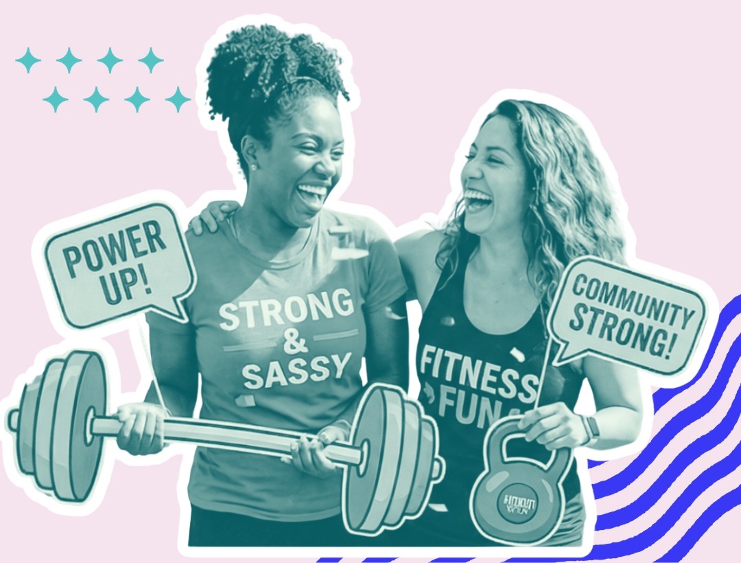 Two women laughing and celebrating at a strength-themed photo booth